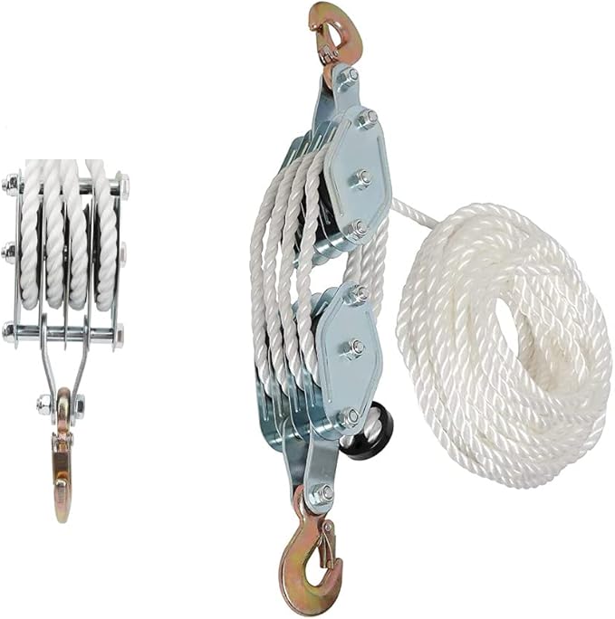 Pulley 4-Way with Rope, Pulley Winch, Height 2.5 m, Maximum Load 2000 kg, Nylon Rope, Lifting Pulley Load, Galvanised Steel Hook Lifting Roller Block with Multi-Nylon Rope