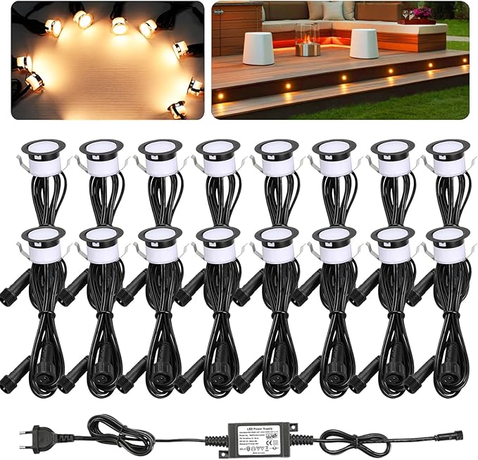 Set of 16 Warm White Recessed Floor Spotlights, Outdoor LED, Diameter 31 mm, DC12 V, Mini Spotlights, LED Deck Light, Patio Lighting, Recessed Floor Lights, IP67 Waterproof LED Recessed Spotlights,