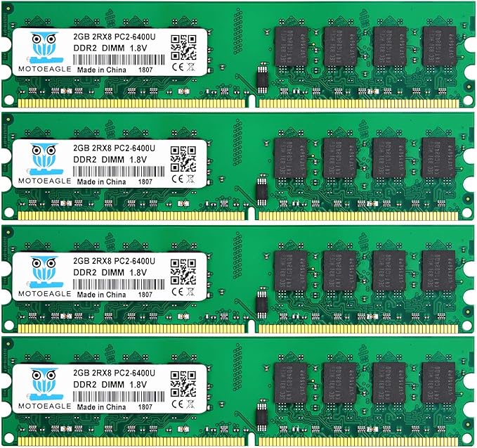 Motoeagle DDR2 DIMM 8GB (4x2GB) 800MHz PC2-6400U 240-pin 1.8V PC2 6400 RAM 2Rx8 UDIMM 6300 Desktop Memory CL5 Unbuffered Non-ECC Kit