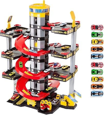 MOLTO 7 Storeys Green Car Park with Garage, Ramps, Laundry Room, Elevator, Gas Station and Anointed Area, Includes 10 Cars, Children's Toy, + 3 Years
