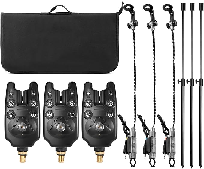 Lixada Fishing Bite Alarm, Wireless Bite Alarm with Ground Spear, Electronic Bite Alarm, Set of 6 with Padded Fishing Tool Bag