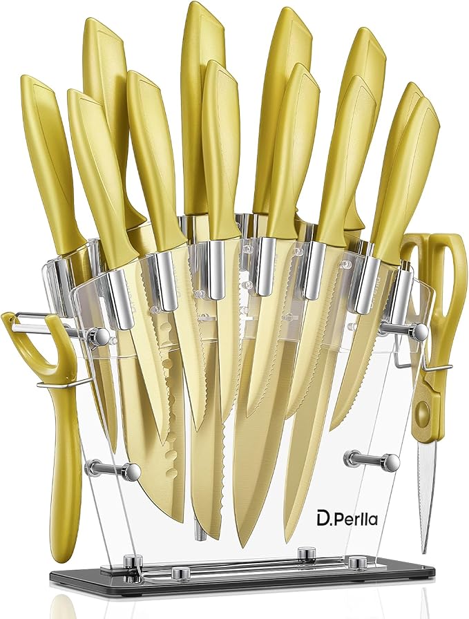 D.Perlla Knife Block, 16-Piece Knife Set, Golden Titanium Coating Knife with Acrylic Knife Holder, Stainless Steel with High Carbon Content, No Rust, Super Sharp