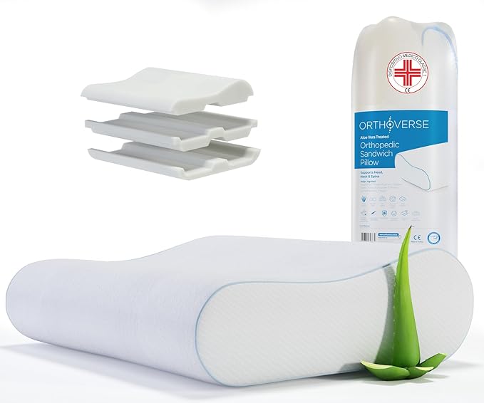 ORTHOVERSE Orthopaedic Pillow, Neck Support Pillow, Memory Foam Pillow, Pillow, Pillow, Pillow, Pillow, Neck Pain - Height Adjustable, Aloe Vera Cover, Medical Aid