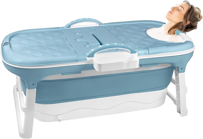 VA-Cerulean Folding Bathtub Adult 118 x 60 x 53 cm Blue Mobile Foldable Bathtub Plastic Bathtub with Removable Cover, Headrest, Handle, Soap Basket