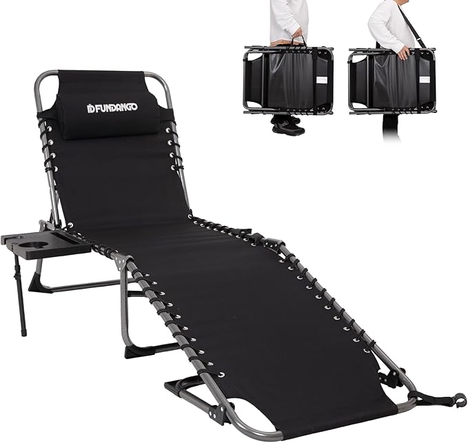 FUNDANGO Folding Sun Lounger, 5-Adjustable Backrest with Side Table Cushion, Ergonomic Deck Chair, Folding Beach Lounger, Garden Lounger, Camping Lounger for Beach, Garden, Patio, Pool, Camping,