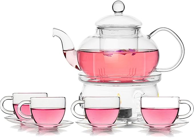 TAMUME Classic Style Blooming Glass Tea Set Including 1 x 600 ml Teapot and 1 Tea Warmer with 4 Cups and 4 x 100 ml Saucers Glassware Teapot and Tea Set
