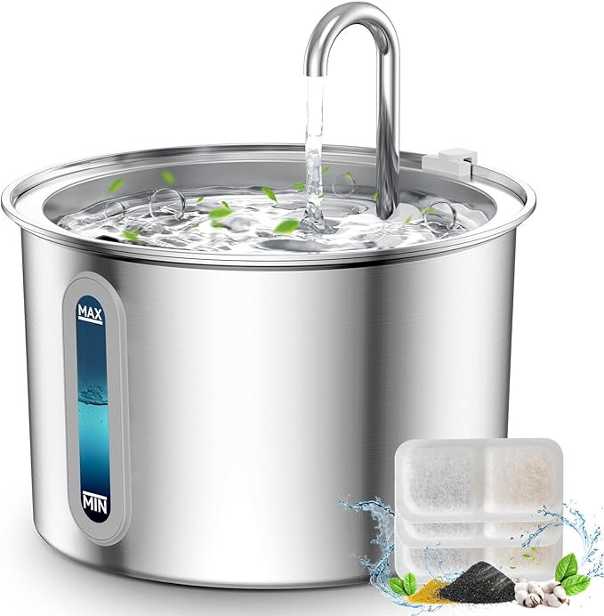 oneisall Cat Fountain Stainless Steel, 2 L Drinking Fountain for Cat, Super Quiet Cat Drinking Fountain with Water Level Window, Water Fountain for Cat, 3 Activated Carbon Filters, LED Light,