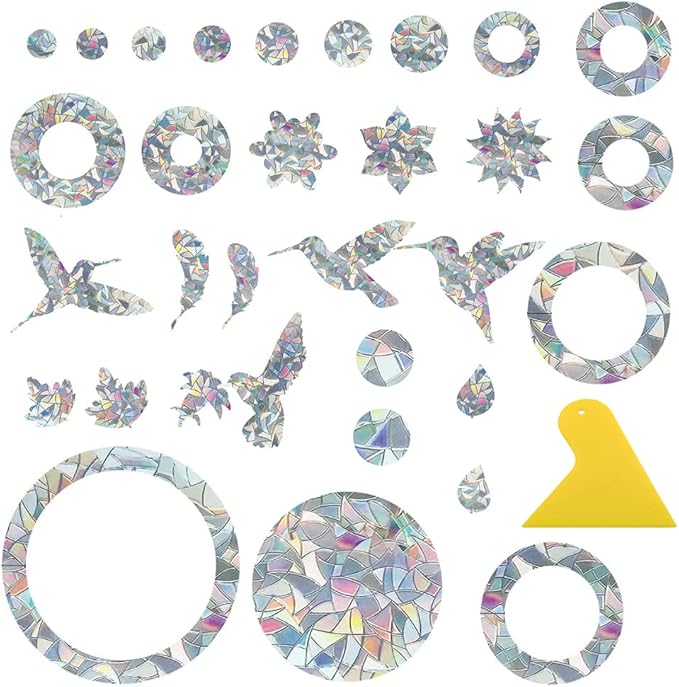 SPTwj Pack of 40 Anti-Collision Window Stickers with Foil Scraper, Prism Decals, Window Glass, Decorative Film, Window Sticker, Bird Protection, 3D Rainbow Window Film, Warning Birds Window Stickers,