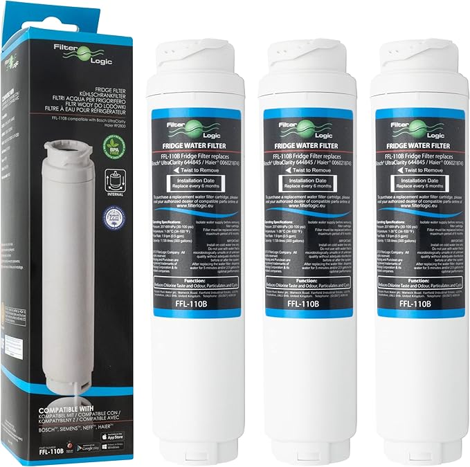 FilterLogic FFL-110B | 3 x Water Filter Compatible with Siemens Bosch Neff UltraClarity 11034151 KSZ50UC0 11028820 11028825 00740560 Fridge Side-by-side Water Filter Ultra Clarity Filter Cartridge