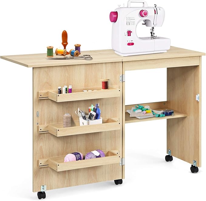 GOPLUS Foldable Sewing Machine Table on Wheels, Sewing Cabinet Computer Desk Work Table (Natural)