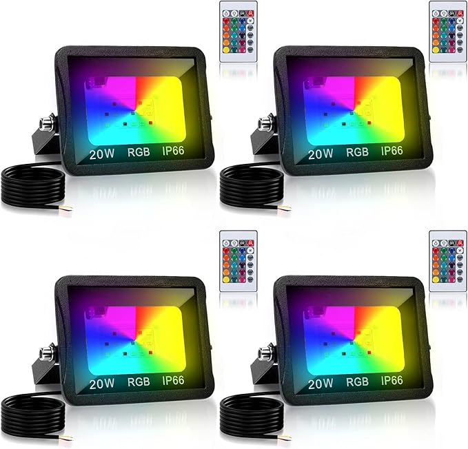 Joparri 4 x 20 W RGB LED Spotlight with Remote Control, 16 Colours, 4 Modes, IP66 Waterproof, Colourful Dimmable Floodlight with Memory Function, RGB LED Floodlight for Patios, Porch Lighting