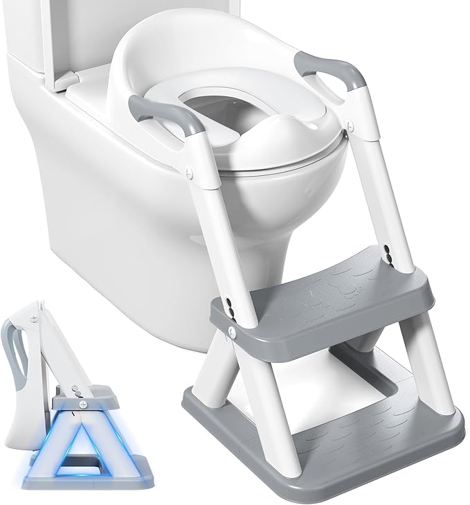 Wimaha Children's Toilet Seat, Upgraded 2-in-1 Toilet Seat Children with Stairs, Height-Adjustable Foldable Children's Toilet Trainer, Step Stool Children with Non-Slip Footboard