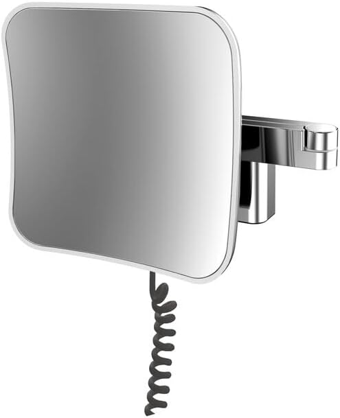 emco EVO LED Cosmetic and Shaving Mirror on Double Articulated Arm, Square Vanity Mirror with Lighting for Wall Mounting, Dimmable Magnifying Mirror (5x), Chrome, Without Cable