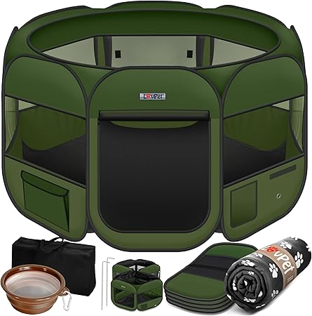 Lovpet® Puppy Playpen, Foldable Playpen for Dogs, Cats, Small Animals, incl. Dog Bowl, Fleece Blanket, Outdoor Enclosure, Oxford Fabric, Pop-up System, for Indoors and Outdoors, Khaki