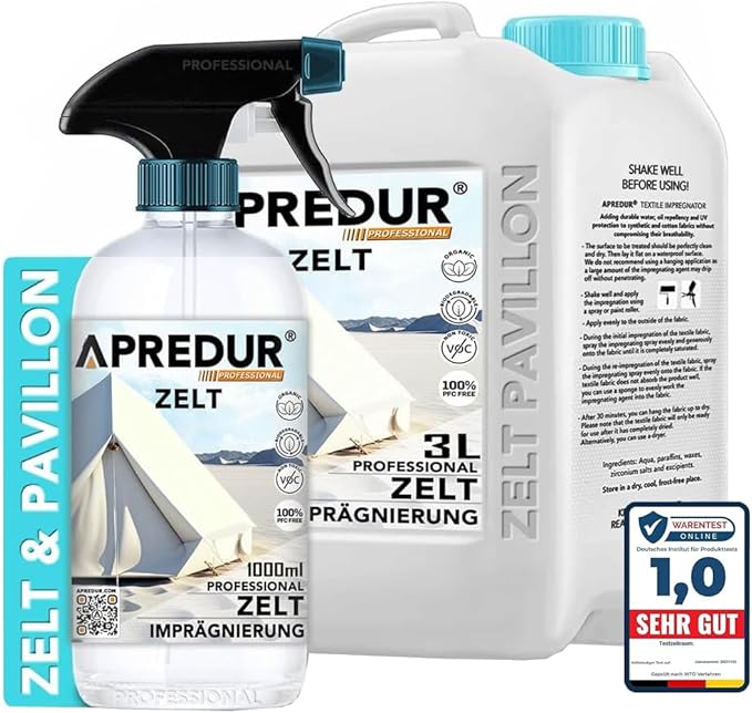 APREDUR Pavillon Camping Yurt Glamping Waterproofing Prey Waterproofing Agent for Synthetic and Cotton Fabrics Solvent and PFC-Free