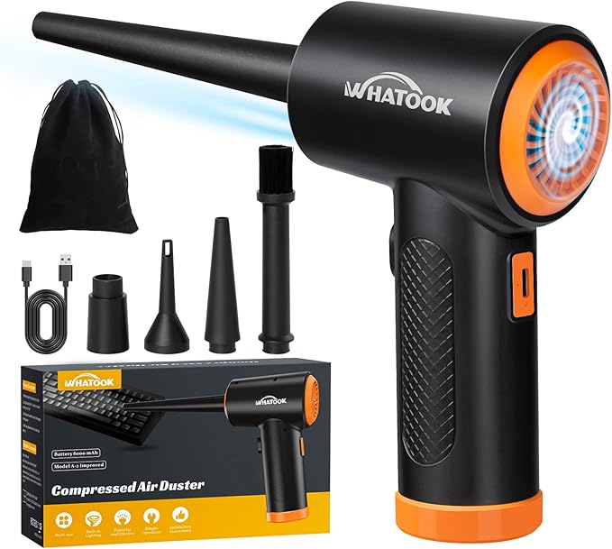 WHATOOK Electric Dust Blower, 3-Speed Air Duster, Powerful 60,000 RPM Air Blower with LED Light, Reusable Compressed Air for Computer, Keyboard, Electronics Cleaner for Laptop, Office Equipment
