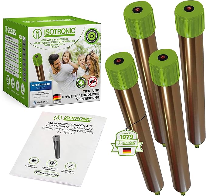 Isotronic Vibrasonic Mole Repellent with On/Off Switch and Battery-Operated Vibration Motor - Deterrent for Voles, Moles and Snakes