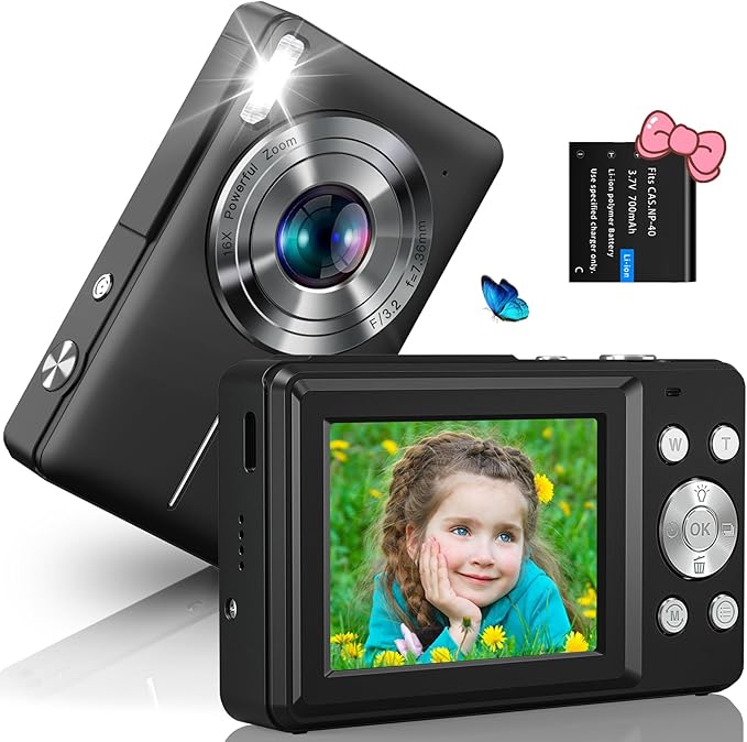 Digital Camera 1080P FHD Camera 44MP Photo Camera Compact Camera with 16X Digital Zoom LED Fill Light Image Stabilisation Mini Selfie Camera Portable Digital Camera for Children Teenagers Beginners