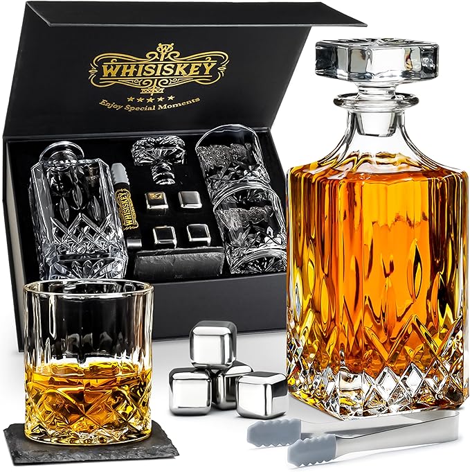 WHISISKEY Whisky Carafe Set - Whiskey Gift Set - Gifts for Men - Men's Gifts Gift - Birthday Gift Man - Classic Decanter 700 ml, 2 Whisky Glasses, 4 Whisky Stones