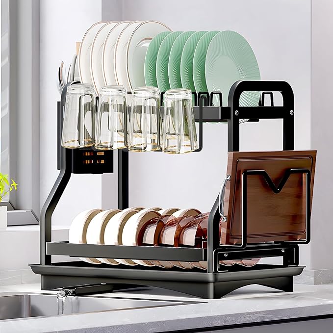 ZHHGOO Dish Drainer 2 Levels Stainless Steel Dish Drainer Chopping Board Holder Dish Drainer with Cup Holder, Cutlery Holder and Drip Tray, Drip Rack for Kitchen