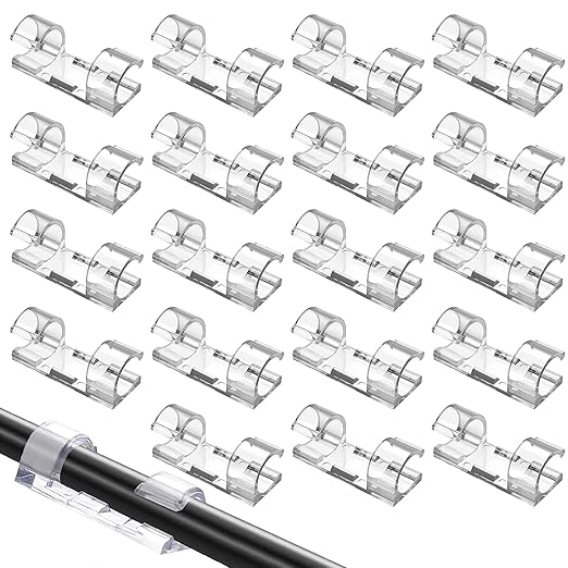 JeoPoom Pack of 20 Self-Adhesive Cable Holders, Cable Clips, High Viscous Cable Clips Set with Adhesive, Secured Underlay, for Desk, Power Cable, Audio Cable (Transparent)