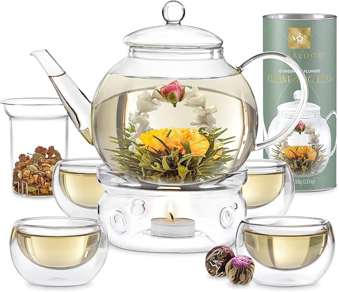 Teabloom Complete Tea Set - 1.2 Litre Glass Teapot with Strainer Insert Removable and Fireproof - Teapot with Warmer Includes 4 Insulating Glass Tea Cups and 12 Tea Flowers