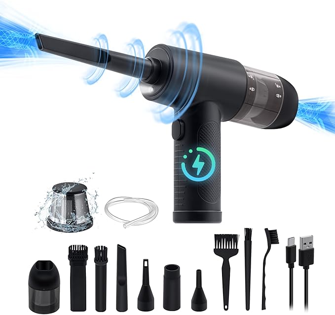 Mcbazel 2 in 1 Electric Dust Blower Air Duster Keyboard Vacuum Cleaner, Rechargeable Handheld Vacuum Cleaner with Power Indicator 43000/47000/51000rpm Speed/8 Nozzles & Brush for Office/Car/Sofa