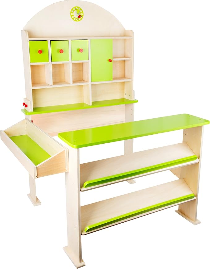 small foot Verkaufsstand "Markttag" aus Holz, mit Fächern und Türen für Waren des Kaufmannsladens, ab 3 Jahren, 10587