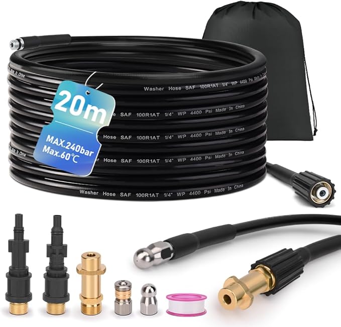 Pipe Cleaning Hose Set 20 m, 240 Bar Including 3 Adaptors, 2 Nozzles Rigid + Rotating Compatible with K2, K3, K4, K5, K6, K7, Lavor, Bosch Pressure Washer Universal Pipe Cleaning Set High Pressure