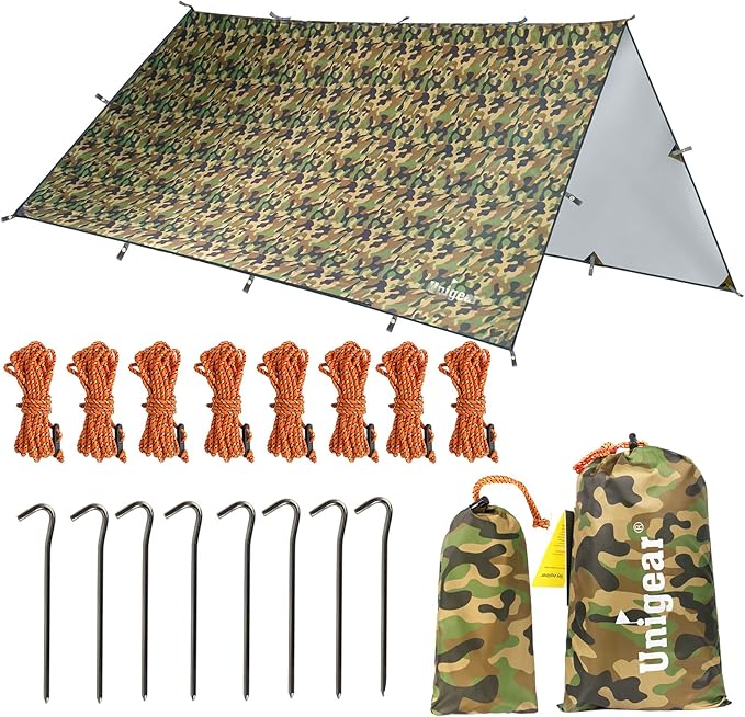 Unigear Tarpaulin, Tarp for Hammock Waterproof with Eyelets, 6 Pegs, 6 Ropes Rain Cover Sun Protection for Ourdoor Camping Multi Way