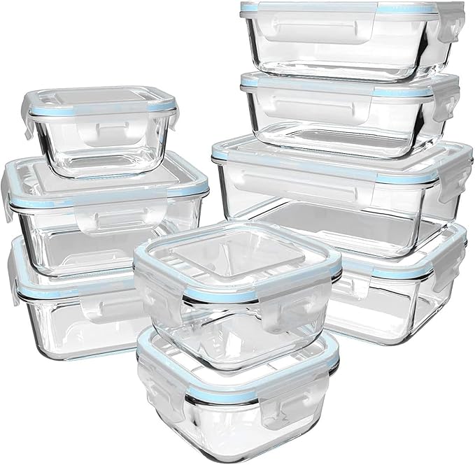 Genicook Glass Food Storage Containers Set of 9 Microwavable Glass Storage Boxes with Lids BPA-Free