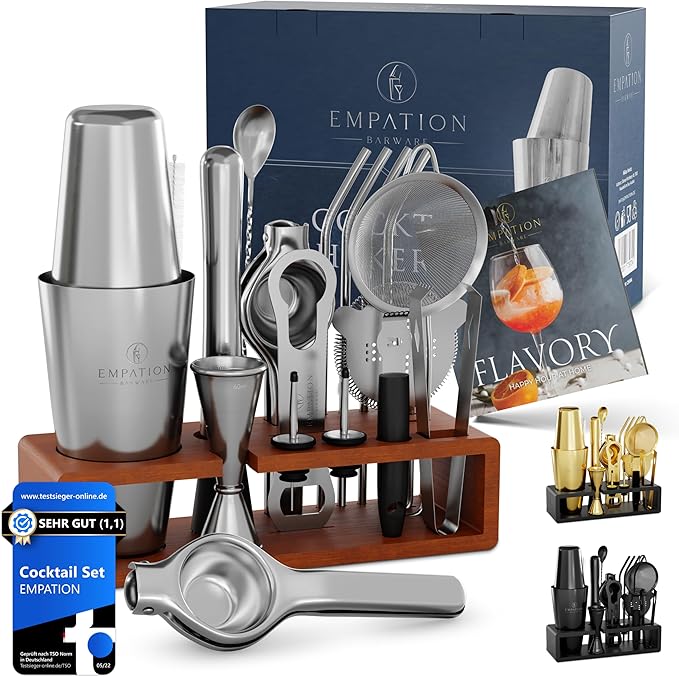 EMPATION Cocktail Set [Test Winner] 825 ml Boston Cocktail Shaker Made of Stainless Steel, Easy to Open & No Jamming, Professional Cocktail Shaker Set with Stand & Recipe Book, Cocktail Mix Set for