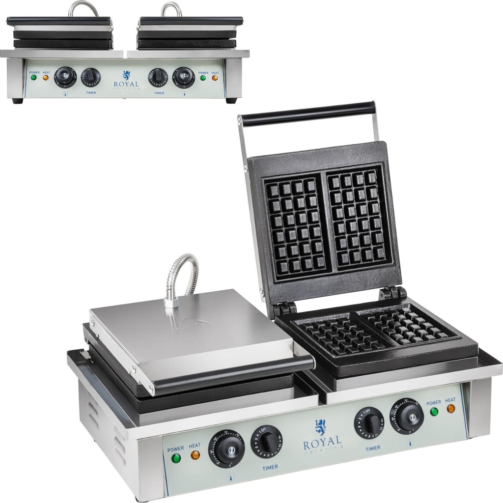 Rectangular double waffle maker for 4 Belgian waffles