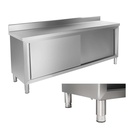 Steel cabinet for kitchen with work surface and stainless steel rim 200cm wide.