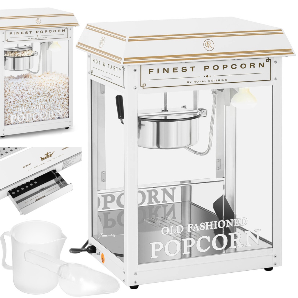 Retro TEFLON 1600 Watt 5-6 kg/h popcorn roasting machine automatic machine - white and gold
