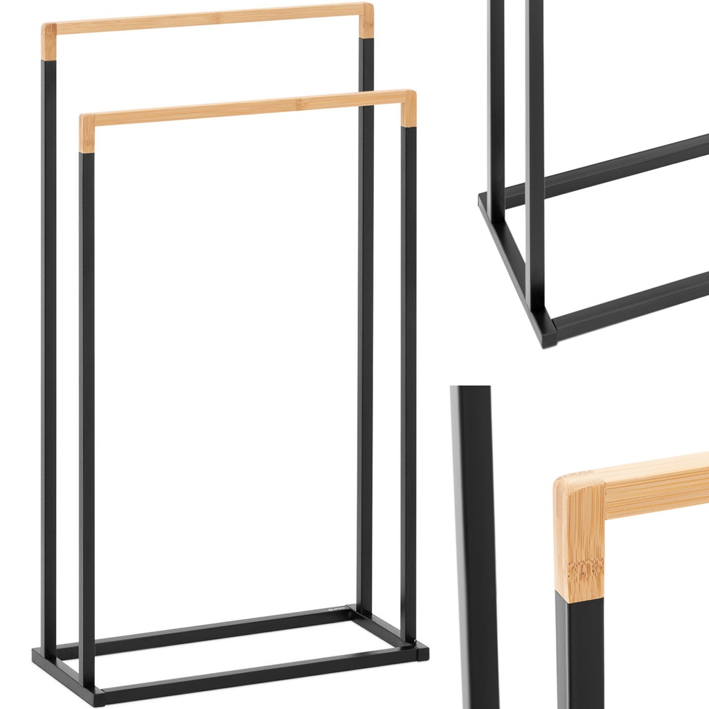 Bathroom floor towel rack 2 rods - black bamboo