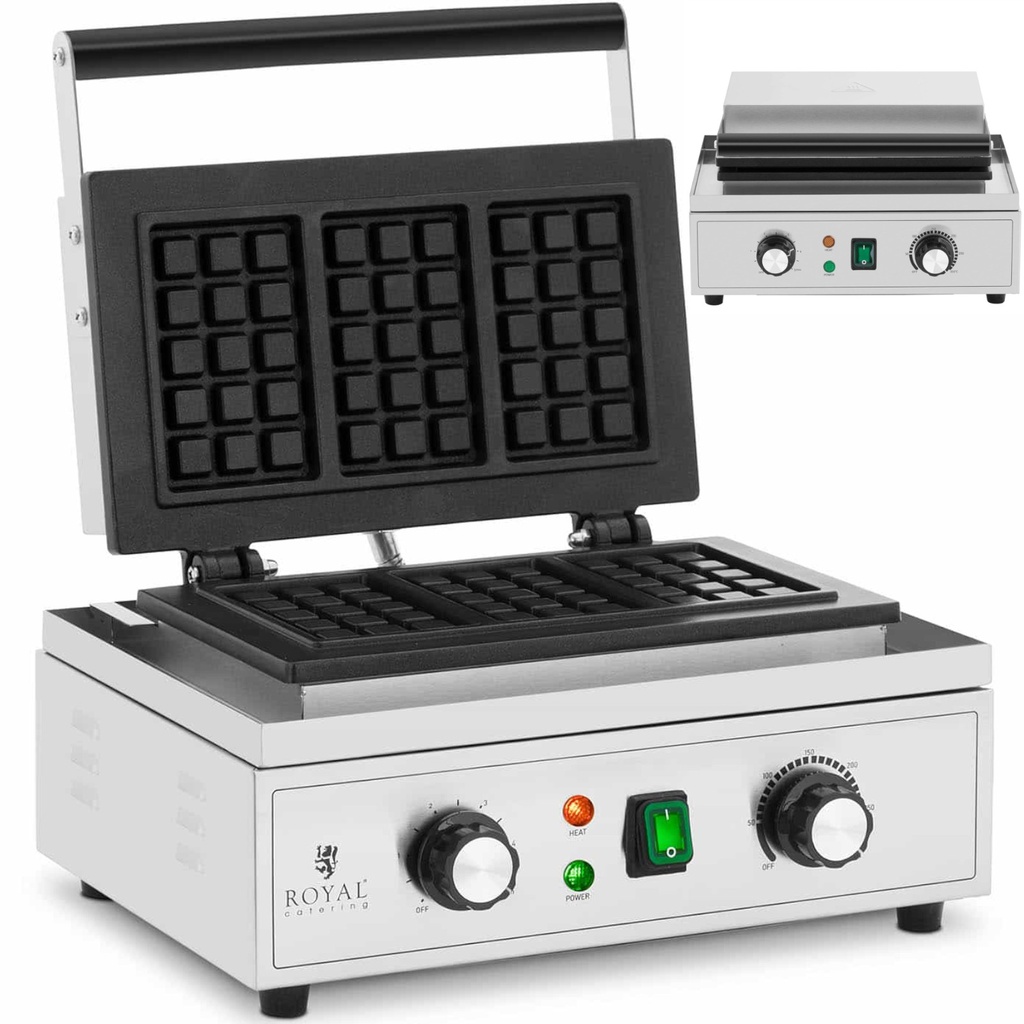 Rectangular waffle maker for 3 Belgian waffles TEFLON 1500 W.