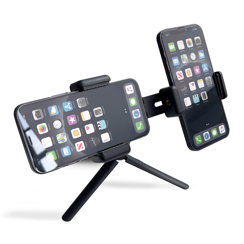 Holder for 2 smartphones phones with tripod double adjustable black