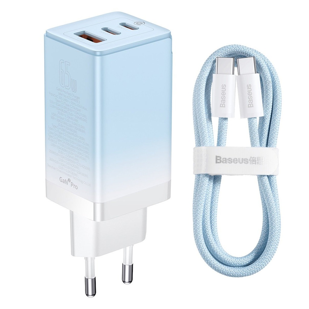 GaN 2x USB-C / USB fast charger 65W QC PD - blue