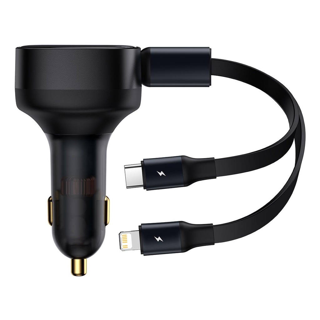 2-in-1 car charger USB-C + iPhone Lightning retractable cable 75cm 30W - black