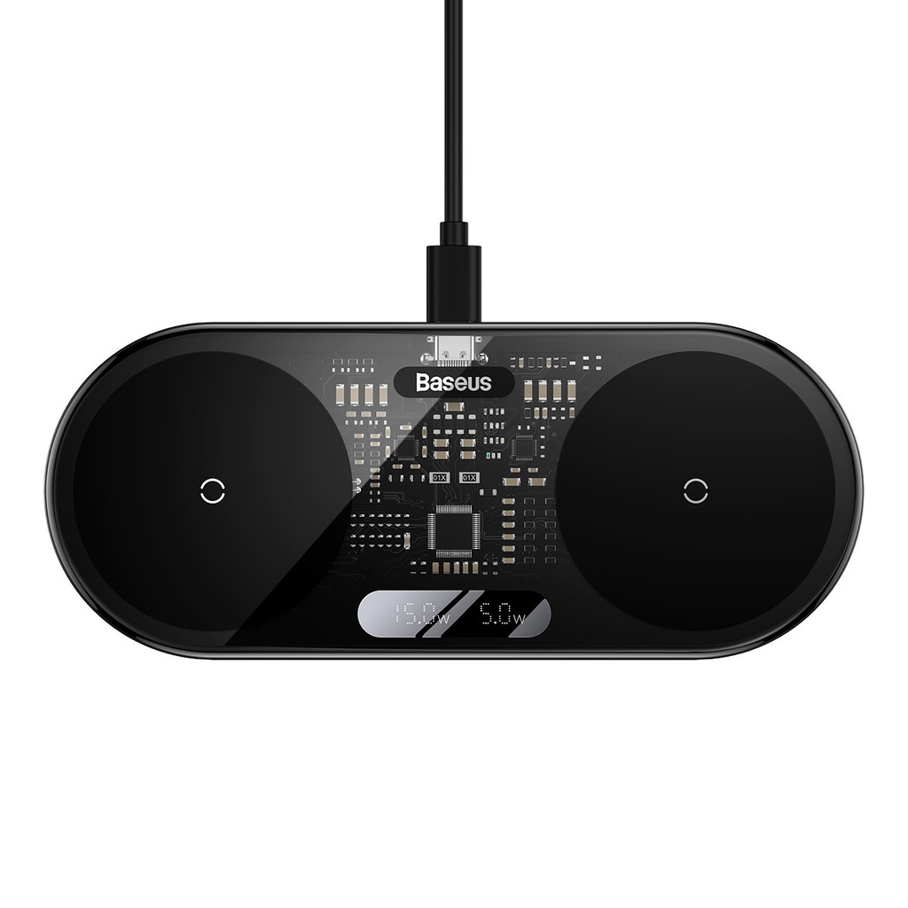 Dual QI wireless charger with USB-C display 20W - black